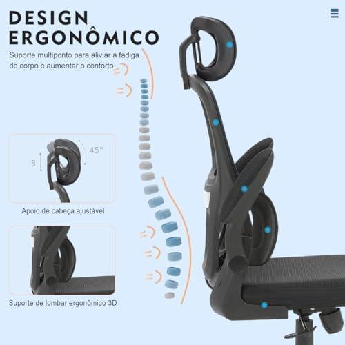         Cadeira de escritório, design ergonômico com suporte lombar independente, malha respirável e encosto de cabeça ajustável (Preto)       
