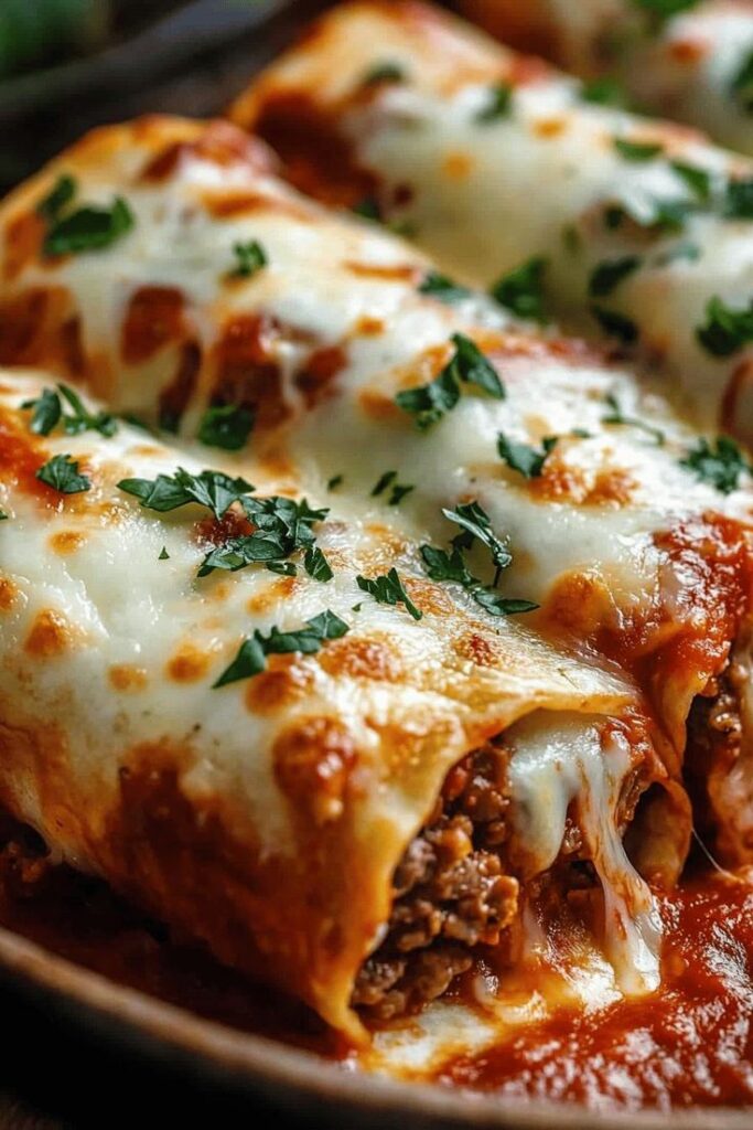 Lasanha de carne moida em rolinho com Queijo Ricota